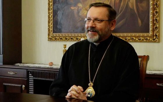 Archbishop Sviatoslav Shevchuk of Kyiv-Halych, head of the Ukrainian Catholic Church, speaks in Kyiv, Ukraine, May 30. (CNS/Voznyak Production)