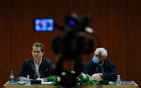 Portuguese psychiatrist Pedro Strecht and Bishop José Ornelas Carvalho of Leiria-Fatima, president of the Portuguese bishops' conference