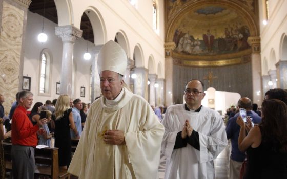 New Cardinal Robert W. McElroy of San Diego leaves after celebrating a Mass of thanksgiving at St. Patrick's Church, official home of the U.S. Catholic community in Rome, Aug. 28, 2022. (CNS photo/Paul Haring)