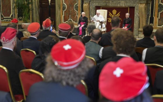 Pope Francis speaks with members of the Society of Swiss Students at the Vatican 