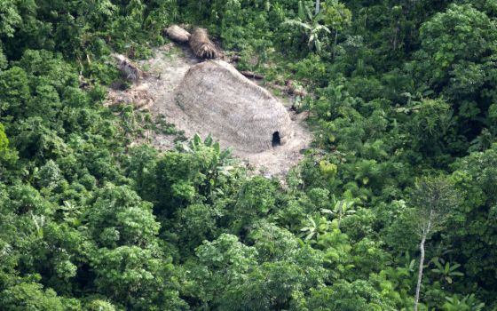 A traditional house called a maloca, built by members of an isolated, semi-nomadic group, is pictured in 2011 near the Jandiatuba River in western Brazil.