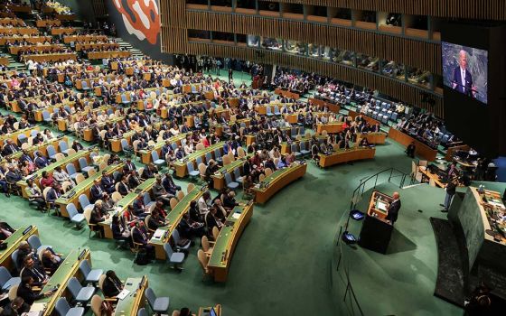 President Joe Biden addresses the 77th session of the U.N. General Assembly at the headquarters of the United Nations in New York City Sept. 21. (CNS/Reuters/Caitlin Ochs)