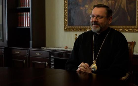 Archbishop Sviatoslav Shevchuk of Kyiv-Halych, head of the Ukrainian Catholic Church, speaks in Kyiv, Ukraine, May 30, 2022, about Russia’s war on his country, Pope Francis’ condemnation of the war and about the role of Christian ministers in a situation of conflict and danger. (CNS photo/Voznyak Production)