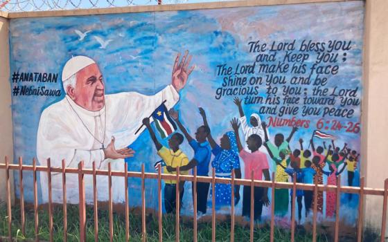 A mural of Pope Francis is painted on the walls of the South Sudan Council of Churches in Juba, ahead of an ecumenical Feb. 3-5 peace pilgrimage. (Elizabeth Boyle)