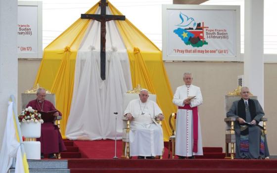 Anglican Archbishop Justin Welby, Pope Francis and Rev. Iain Greenshields, moderator of the Presbyterian Church of Scotland, attend an ecumenical prayer service at the John Garang Mausoleum in Juba, South Sudan, Feb. 4. (CNS/Paul Haring)