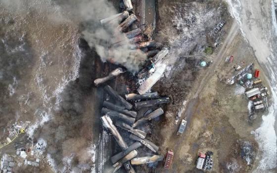 Drone footage taken Feb. 6, 2023, shows a freight train derailment in East Palestine, Ohio. (OSV News photo/Reuters/NTSBGov handout)