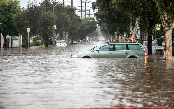 Abandoned cars are seen in a flooded street Jan. 9 in east Santa Barbara, California. (OSV News/Reuters/Erica Urech)