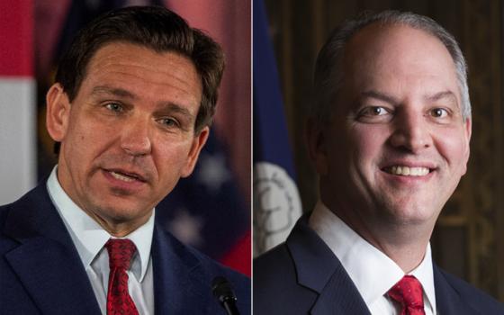 Left: Florida Gov. Ron DeSantis (OSV News/Reuters/Alyssa Pointer); right: Louisiana Gov. John Bel Edwards (OSV News/Courtesy of Office of the Governor/Marie Constantin)