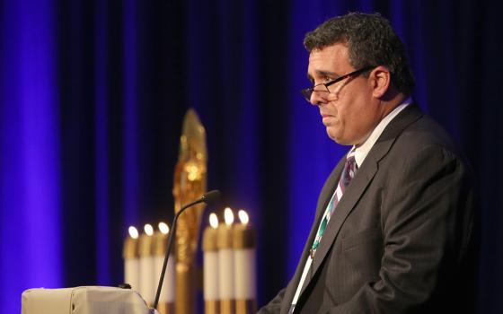 Luis Torres Jr., an abuse survivor, speaks to bishops in the chapel during a day of prayer Nov. 12, 2018, at the fall general assembly of the U.S. Conference of Catholic Bishops in Baltimore. (CNS/Bob Roller)