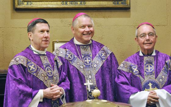 Tennessee Bishops J. Mark Spalding of Nashville, Richard Stika of Knoxville and David Talley of Memphis are seen at St. Mary of the Seven Sorrows Church March 23, 2022, in downtown Nashville. An apostolic visitation is investigating concerns about Stika's leadership. (CNS/Tennessee Register/Katie Peterson)