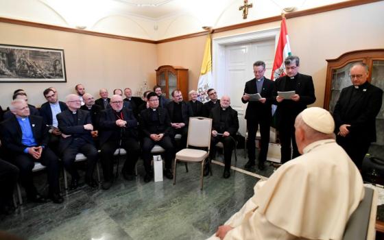 Pope Francis meets with Jesuits in Hungary at the apostolic nunciature in Budapest April 29, 2023. On his foreign trips, the pope usually responds to questions from local Jesuits, and a transcript of the encounter is published several weeks later in the Jesuit journal La Civiltà Cattolica. (CNS photo/Vatican Media)