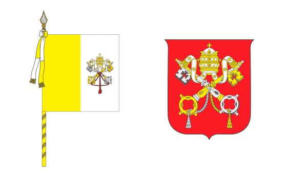 A yellow and white flag with a crown above interlocked keys is next to a red crest with the same crown and keys image