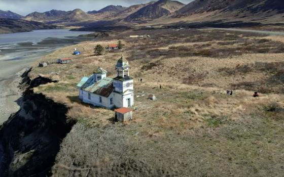 An aerial view of Ascension of Our Lord Orthodox Church in Karluk, Alaska, on Kodiak Island.