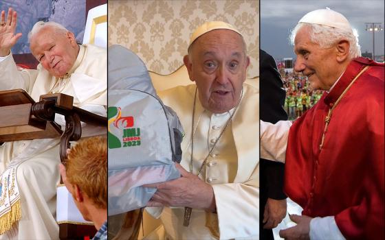 From left: Pope John Paul II celebrates World Youth Day in Toronto in 2002 (CNS); Pope Francis speaks to young people in a video message released June 22, 2023, ahead of World Youth Day in Lisbon, Portugal (CNS screenshot/Courtesy of Holy See Press Office); Pope Benedict XVI arrives to lead a World Youth Day prayer vigil in Madrid in 2011 (CNS/Catholic Press Photo/Alessia Giuliani).