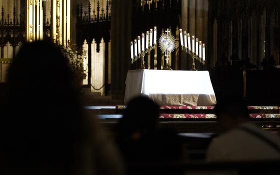 A monstrance containing the Blessed Sacrament is displayed on the altar during a Holy Hour at St. Patrick's Cathedral in New York City July 13, during the ongoing National Eucharistic Revival. (OSV News/Gregory A. Shemitz)