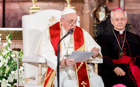 Pope Francis gives his homily during vespers with Portuguese bishops, priests, deacons, consecrated persons, seminarians and pastoral workers in the Jerónimos Monastery in Lisbon, Portugal, Aug. 2, 2023. (CNS photo/Lola Gomez)