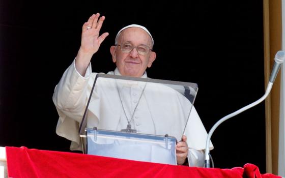 Pope Francis greets visitors gathered in St. Peter's Square at the Vatican to pray the Angelus Sept. 10, 2023. (CNS photo/Vatican Media)