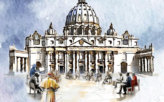 Illustration of St. Peter's with pope and other people in foreground