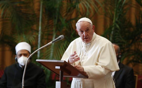 Pope Francis addresses the meeting, "Faith and Science: Towards COP26," with religious leaders in the Hall of Benedictions at the Vatican in this Oct. 4, 2021, file photo. On Oct. 4, 2023, Francis released a new document taking aim at climate change deniers. (CNS/Paul Haring)