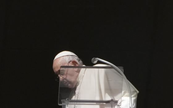 Pope Francis faces the left and looks down from behind a clear lectern with a microphone