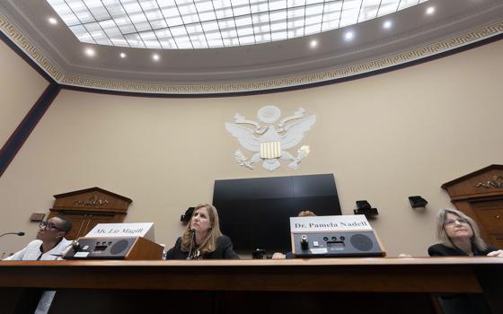 From left, Harvard President Claudine Gay, University of Pennsylvania President Liz Magill and Massachusetts Institute of Technology President Sally Kornbluth listen during a hearing of the House Committee on Education on Capitol Hill Dec. 5 in Washington. (AP/Mark Schiefelbein)