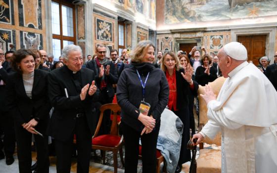 Pope Francis meets with members of the International Association of Journalists Accredited to the Vatican in the Clementine Hall of the Apostolic Palace at the Vatican Jan. 22, 2024. (CNS photo/Vatican Media)