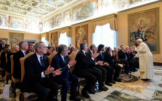 Pope Francis meets with winegrowers, winemakers and others taking part in an event organized by Vinitaly -- an international wine and spirits exhibition held in Verona, Italy, every year for industry professionals at the Vatican, Jan. 22, 2024. (CNS photo/Vatican Media)