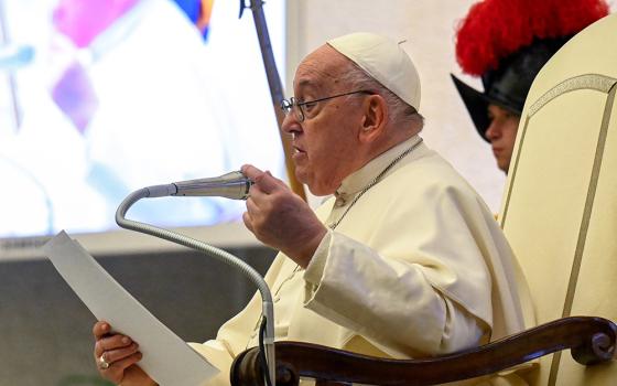 Pope Francis speaks to employees of the Italian bishops' TV and radio networks in the Paul VI Audience Hall at the Vatican Jan. 29, 2024. (CNS/Vatican Media)