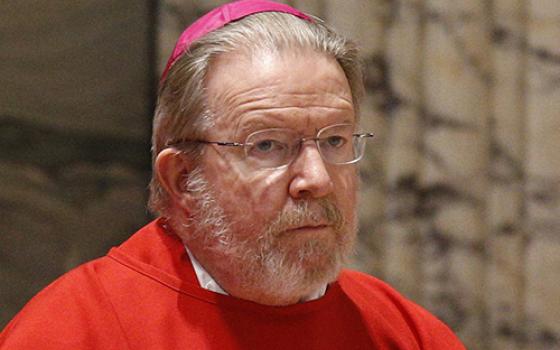 Bishop Liam Cary of Baker, Oregon, prays during Mass at the Basilica of St. Paul Outside the Walls in Rome Feb. 7, 2020. (CNS/Paul Haring)