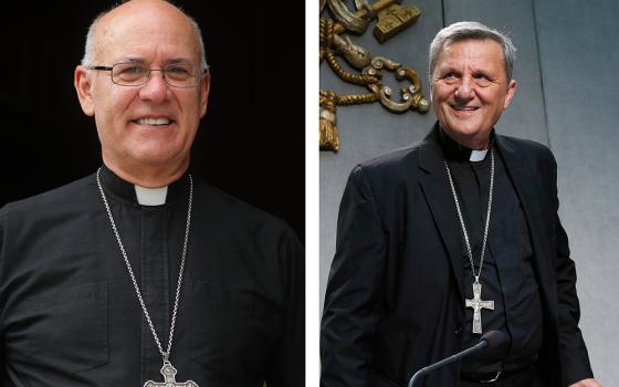 Bishop Kevin Rhoades of Fort Wayne-South Bend, Ind., and Cardinal Mario Grech, secretary-general of the synod, are pictured in a combination photo. Grech gave a talk Feb. 26, 2024, titled "The Role of the Synodal Bishop" at the University of Notre Dame in South Bend, with Bishop Rhoades offering a response. (OSV News/Bob Roller/CNS/Paul Haring)