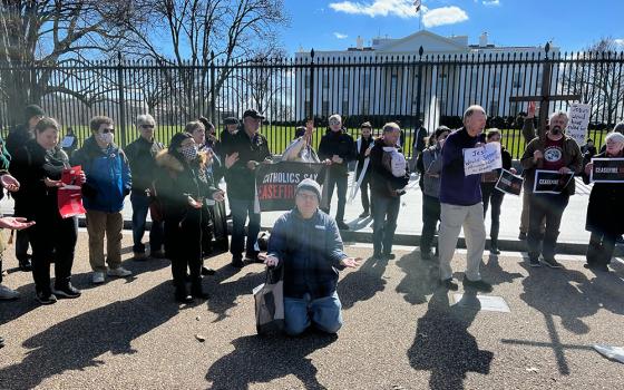 Christian activists demonstrate for a cease-fire in the Israel-Hamas war after an Ash Wednesday Mass near the White House in Washington, Feb. 14, 2024. (RNS/Aleja Hertzler-McCain)