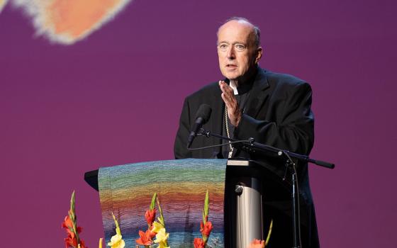 Cardinal Robert McElroy of San Diego speaks about his experience as a delegate to the Synod on Synodality in October 2023 at the Vatican during a talk Feb. 16 at the Los Angeles Religious Education Congress in Anaheim. (OSV News/Courtesy of Archdiocese of LA Digital Team)