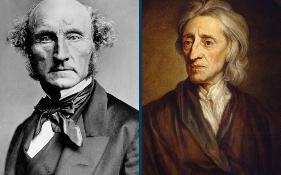 John Stuart Mill, circa 1870 (left); "Portrait of John Locke," a 1697 painting by Sir Godfrey Kneller (Wikimedia Commons/Hulton Archive/London Stereoscopic Company; Wikimedia Commons/Collection of Sir Robert Walpole, Houghton Hall, 1779)