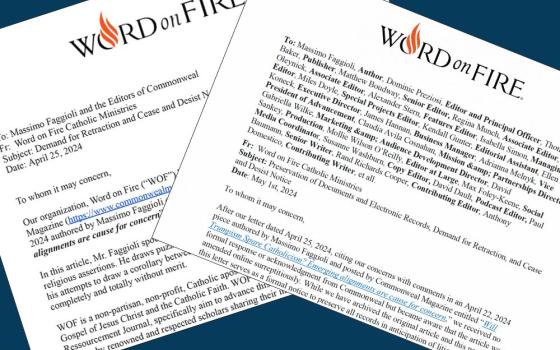 Word on Fire, a media organization led by Bishop Robert Barron, has sent a second letter to a Commonweal magazine, threatening again to sue the outlet and one of its contributors. Screengrabs of both letters are included in this graphic. (NCR graphic)