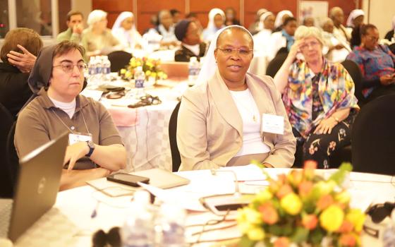 Srs. Jane Wakahiu (right) and Alessandra Smerilli during the May 30 convening sessions organized by the Hilton Foundation's Catholic Sisters Initiative at Taj Pamodzi Hotel in Lusaka, Zambia's capital. (Doreen Ajiambo)