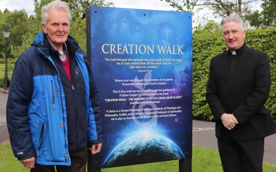 Jesuit Fr. Brian Grogan and Fr. Richard Gibbons, rector of Knock Shrine, are pictured at the launch of the Creation Walk at Knock Shrine, May 25 in Knock, County Mayo, Ireland. (Sinead Mallee)