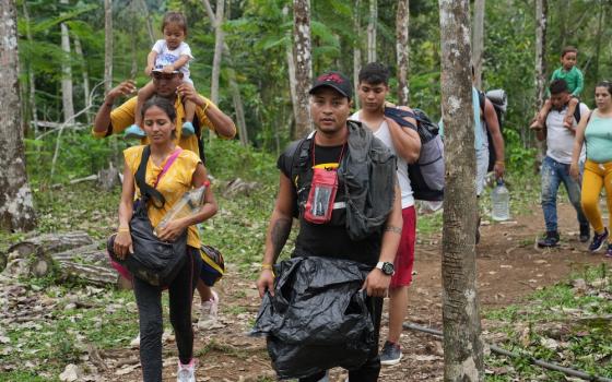 People walk through wooded area.