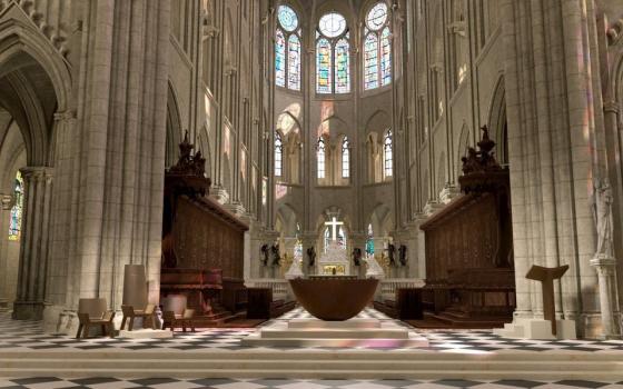 Vast, towering interior of cathedral filled with soft light. 