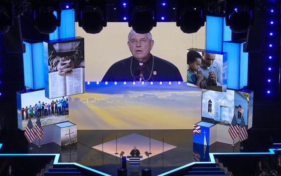 Milwaukee Archbishop Jerome Listecki gives the invocation for the eventing session of the Republican National Convention July 15, 2024, in Milwaukee. (AP/Morry Gash)