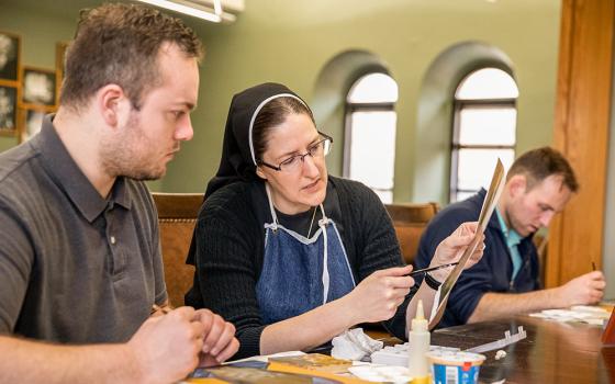 Benedictine Sr. Jeana Visel instructs propaedeutic-year seminarians in icon painting at St. Meinrad Seminary and School of Theology in Indiana. (Krista Hall)