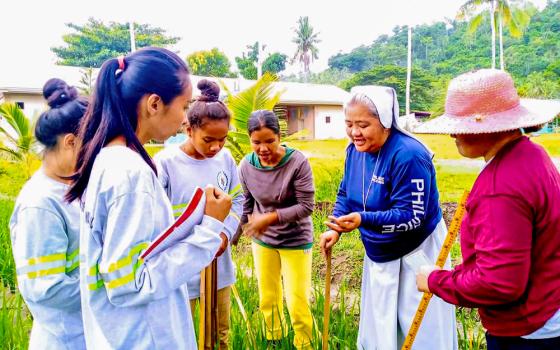 Salesian Sr. Ailyn Cayanan facilitates an agro-ecosystem analysis, part of a research-based study on the quality of inbred rice, seed certification and mechanization. (Courtesy of Ailyn Cayanan)