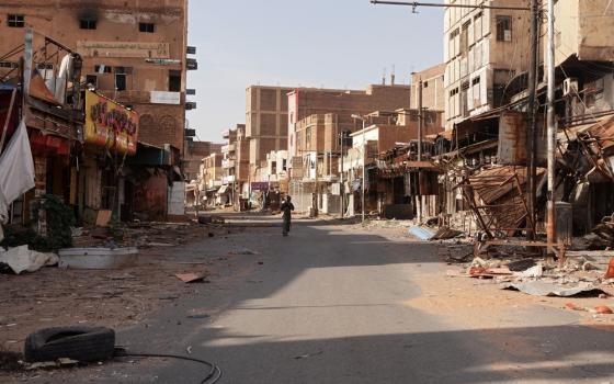 Street view of decimated urban area. 