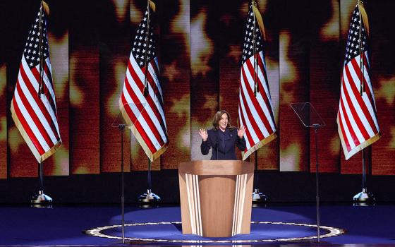 Democratic presidential nominee and U.S. Vice President Kamala Harris takes the stage during the Democratic National Convention at the United Center in Chicago Aug. 22. (OSV News/Reuters/Mike Segar)