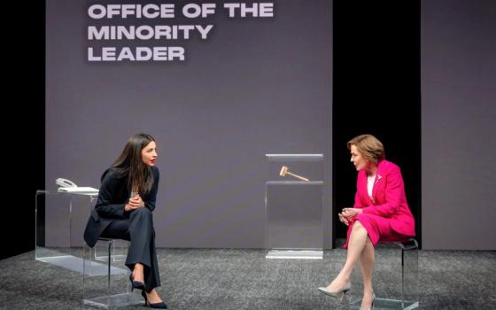 Ana Villafañe, left, portrays A and Holland Taylor portrays N in Mario Correa's play "N/A." The two-woman show follows the story of Nancy Pelosi and Alexandria Ocasio-Cortez from AOC's 2018 primary win through Pelosi's exit from leadership in January 2023. (Daniel Rader)