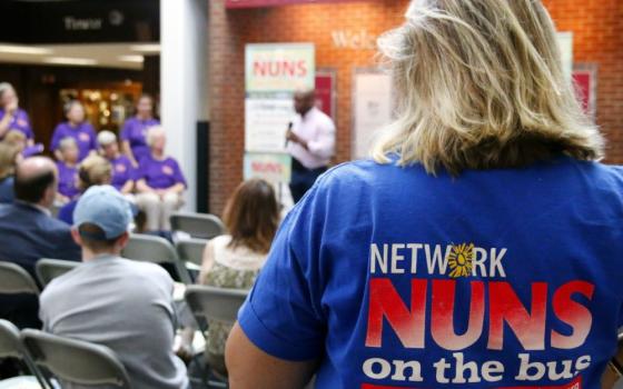 Women religious on the fifth Nuns on the Bus tour speak to a crowd about income inequality July 29, 2016, in Philadelphia.