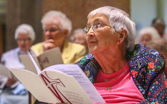 Mercy Sr. Theresa Kane in June 2019 during a liturgy when four Mercy sisters professed their perpetual vows. Kane, who fought for decades for the equality of women in the Catholic Church — famously publicly challenging the pope on the issue in 1979 — died Aug. 22 at age 87. (Courtesy of the Sisters of Mercy of the Americas)