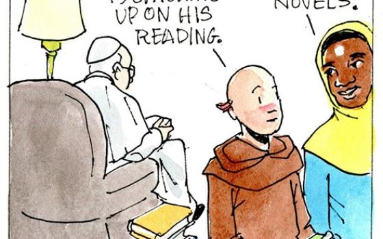 Francis, the comic strip: Francis catches up on his reading.