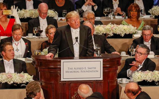 Then-Republican presidential nominee Donald Trump speaks during the 71st annual Alfred E. Smith Memorial Foundation Dinner in New York City Oct. 20, 2016. Trump and Vice President Kamala Harris were expected to share a multi-tiered dais with New York Cardinal Timothy Dolan and other church, political, business and social luminaries at the 79th annual dinner Oct. 17, 2024. Harris is not planning to attend the annual dinner this year, while Trump said Sept. 23 that he will be there. (OSV News)