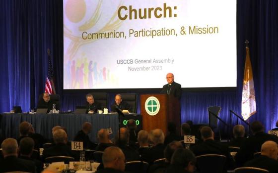 Bishop Kevin C. Rhoades of Fort Wayne-South Bend, Ind., speaks during a conversation about the synod on synodality in Rome at a Nov. 14, 2023, session of the fall general assembly of the U.S. Conference of Catholic Bishops in Baltimore. Also pictured are Fr. Michael J.K. Fuller, USCCB general secretary; Archbishop Timothy Broglio of the U.S. Archdiocese for the Military Services, USCCB president; and Archbishop William Lori of Baltimore, USCCB vice president. (OSV News/Bob Roller)