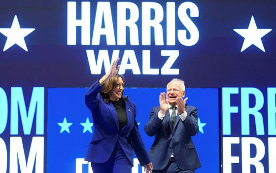 Vice President and Democratic presidential candidate Kamala Harris and her running mate Minnesota Gov. Tim Walz hold a campaign rally Aug. 20 in Milwaukee. (OSV News/Reuters/Kevin Lamarque)